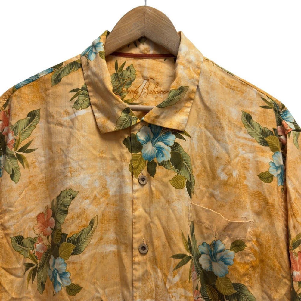 Tommy Bahama Men's Sz XL Orange Floral Silk Hawaiian Button Front Camp Shirt euc